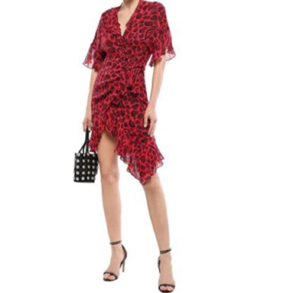 IRO Link Asymmetric Leopard Print Chiffon Mini Wrap Dress in crimson size 36/4 S